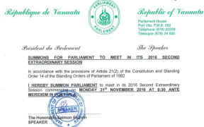Vanuatu's speaker of parliament Saimon Esmon issued a summons for an extraordinary session to commence on Monday 21st of November.