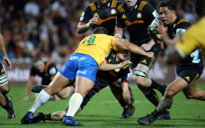 Conraad Van Vuuren of the Bulls was yellow carded for this tackle on Chiefs player Damian McKenzie