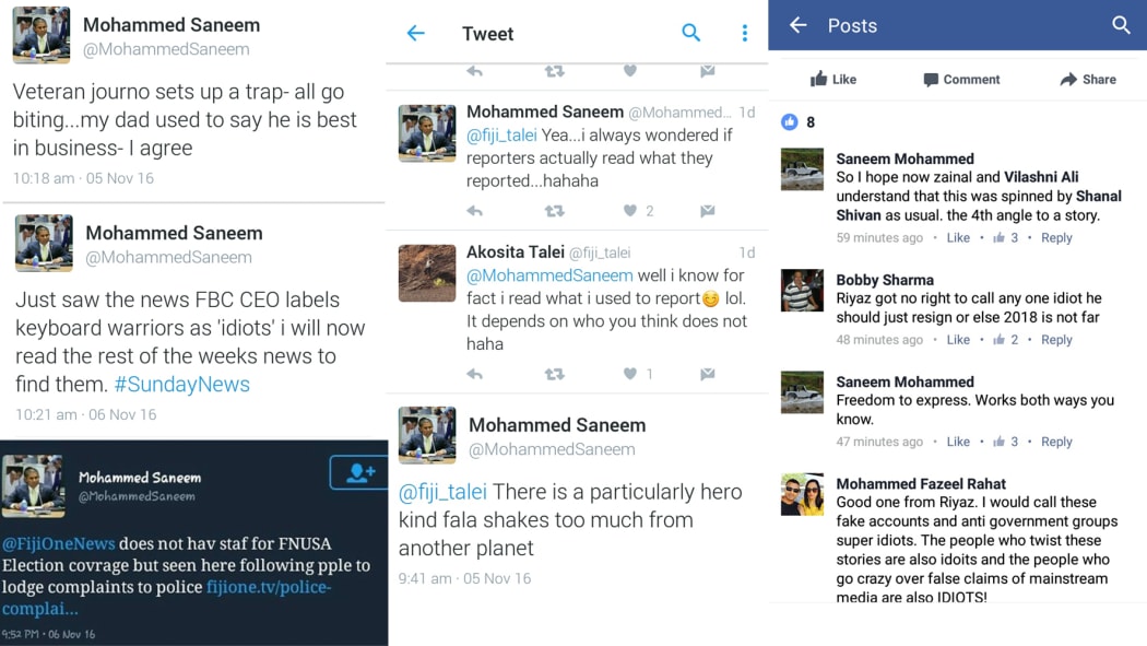 The Fiji elections supervisor Mohammed Saneem has been accused of using social media to bully media. Screenshots from Twitter Facebook and Viber.