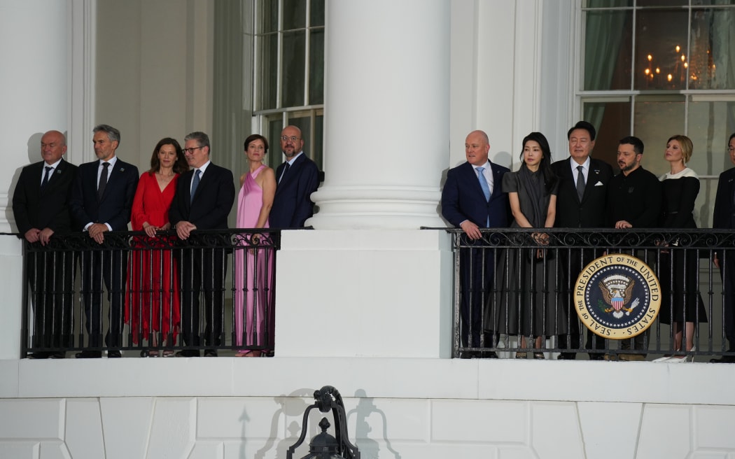 Prime Minister Christopher Luxon on the balcony at the White House alongside other leaders from NATO members and partners attending the Summit in Washington DC.
