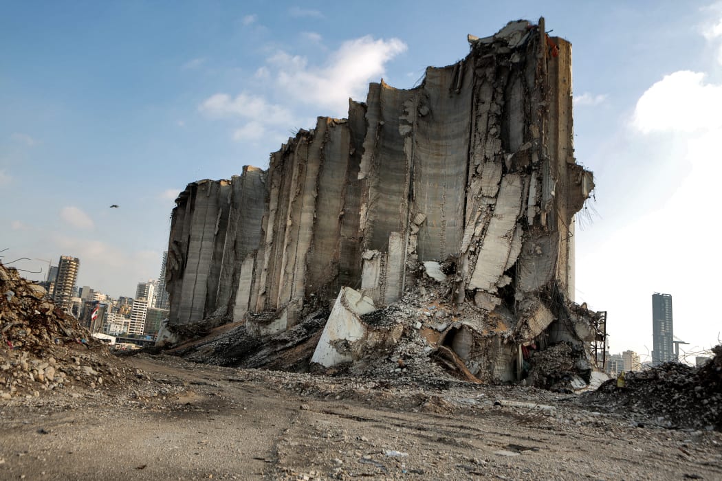 A partial view of the damaged grain silos at the port of Lebanon's capital Beirut, almost a year after the August 4 massive explosion that killed more than 200 people and injured scores of others.