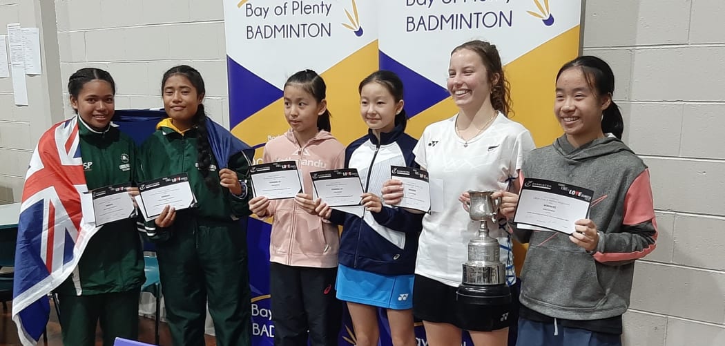 Te Pa O Te Rangi Tupa, with doubles partner Tereapii Akavi (far left) overcame Auckland badminton players at the North Island/Bay of Plenty U15 division last weekend.