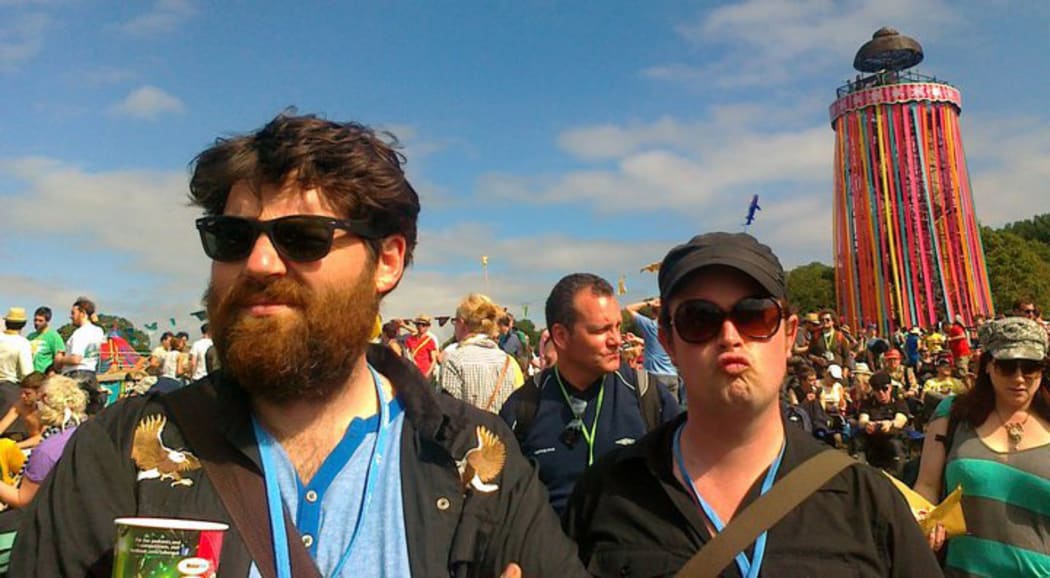 Phoenix Foundation bandmates Samuel Flynn Scott and Conrad Wedde on the battlefield of Glastonbury.
