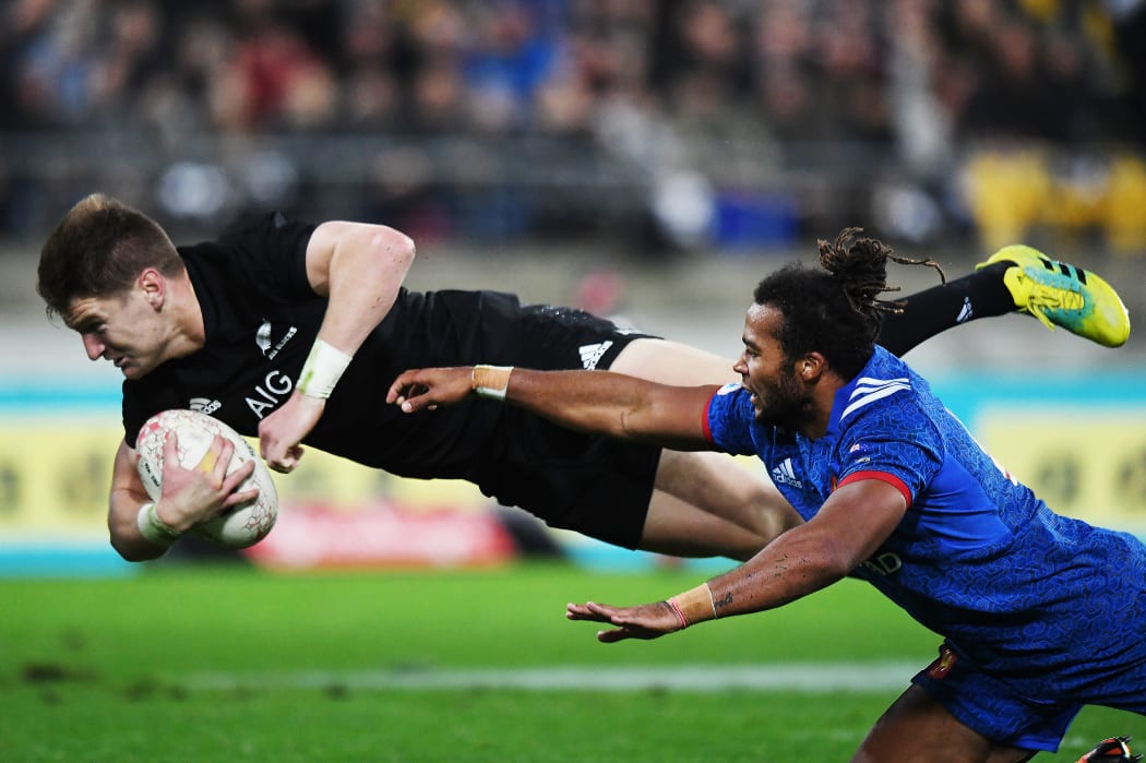 Jordie Barrett scores a try.
New Zealand All Blacks v France, 2nd Test at Westpac Stadium, Wellington, New Zealand on 16 June 2018.
Copyright photo: Andrew Cornaga / www.photosport.nz