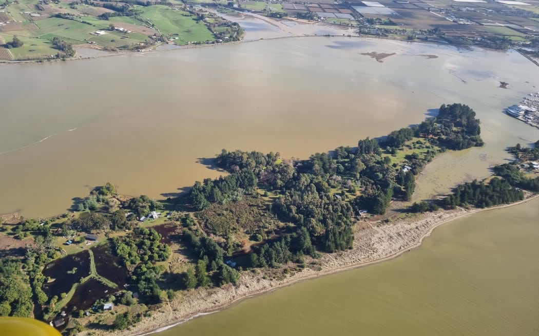 The Motueka estuary, with Jackett Island in the foreground, after flooding in the Tasman region in June 2025.