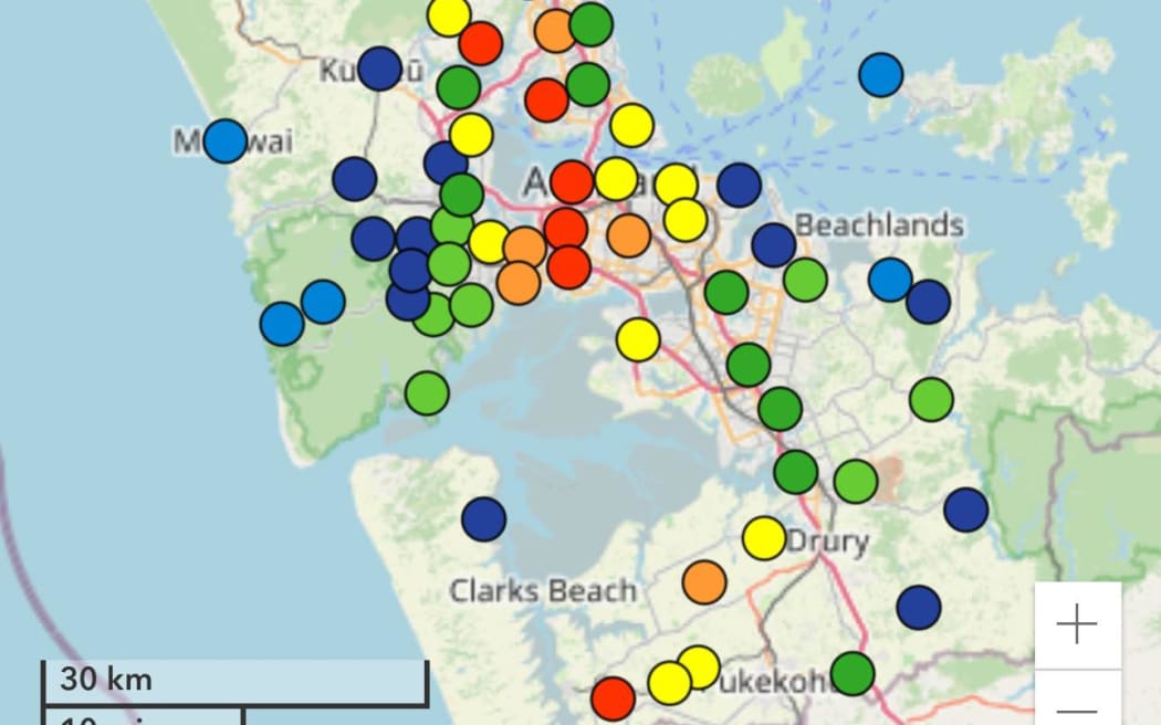 Auckland City Councillor Richard Hills said all of the red dots showed places where more than 100mm of rain had fallen during the storm overnight, between Easter Friday and Saturday, 2025.