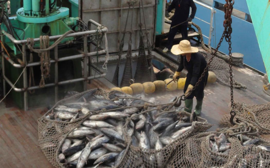 The Marshalls fisheries department director Glen Joseph said he is happy to see that the purse seine fishing industry has begun taking action to modify fishing gear to reduce by catch of bigeye tuna. Here, a purse seiner off loads its tuna catch in Majuro.