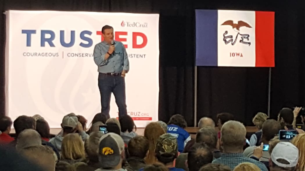 Ted Cruz at a rally in Des Moines on the eve of caucus day in Iowa