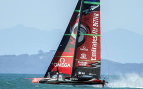Team New Zealand AC75 Te Aihe sailing off Auckland.