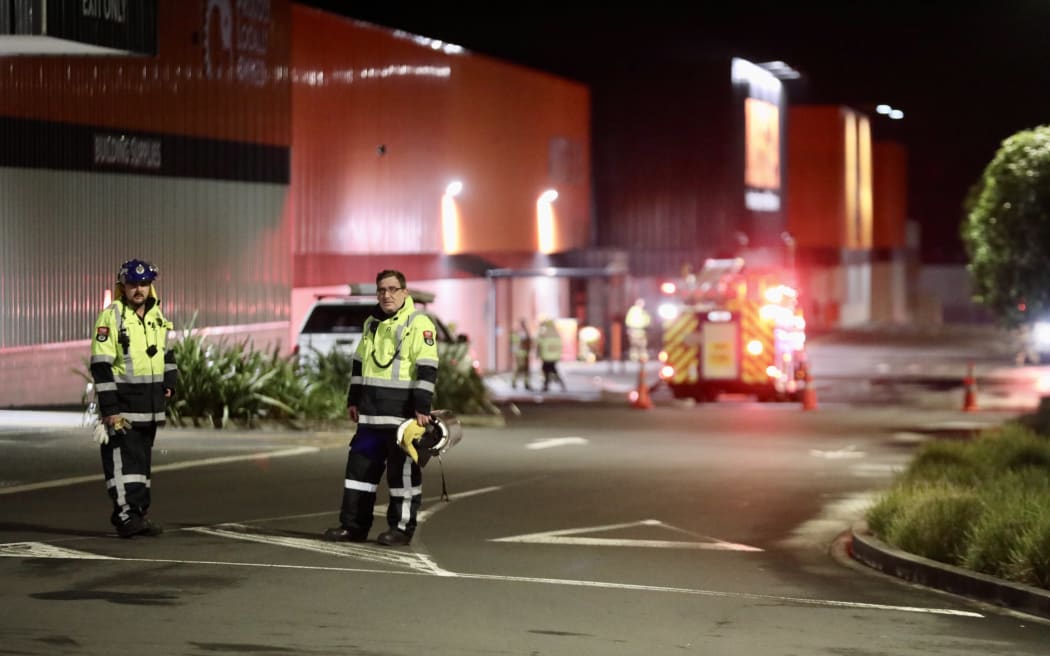 Smoke could be seen from one of the roller doors at Westgate Mitre 10.