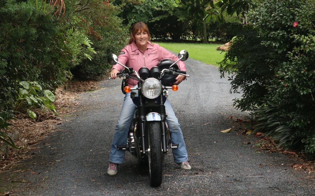 Far North District councillor Ann Court, of Waipapa, with her 900cc Triumph Bonneville T100. 4 April 2019 Northern Advocate Photograph by Peter de Graaf
