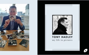 Composite image of Spandau Ballet's Tony Hadley sitting at a table looking at old pictures along side the cover of his book "My Live In Pictures"