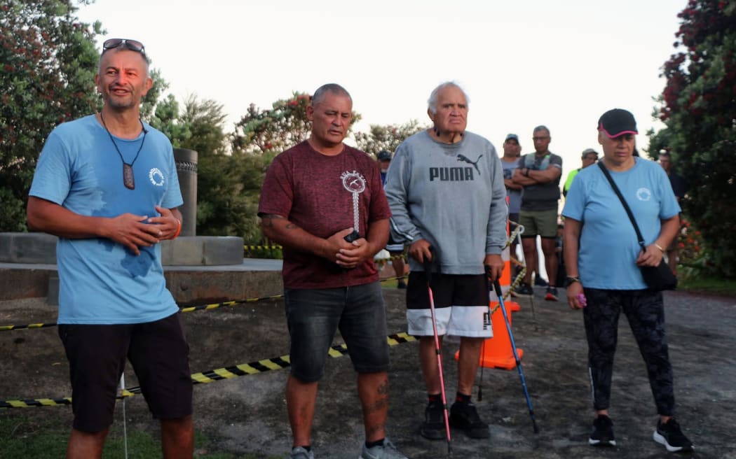 Hemi Rolleston, Jack Thatcher, Turi Ngatai and Lee Taingahue at the opening karakia on Saturday morning.