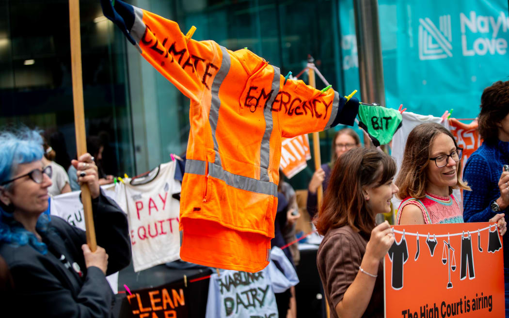 Protestors peg t-shirts with anti-government slogans painted on them them to a washing line they have set up outside the Hight Court in Wellington.