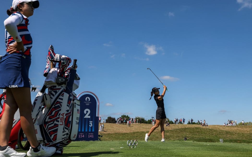 New Zealand's Lydia Ko competes during round 4 of the women’s golf individual stroke play of the Paris 2024 Olympic Games at Le Golf National in Guyancourt, south-west of Paris, on August 10, 2024. (Photo by Pierre-Philippe MARCOU / AFP)