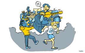 Illustration of flatmate being carried away on a couch.