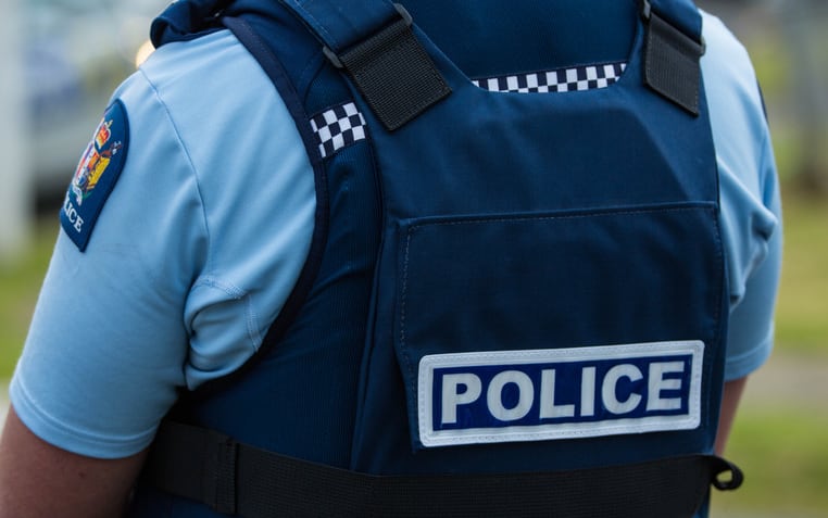 Close up of the back of a police officer wearing a vest.