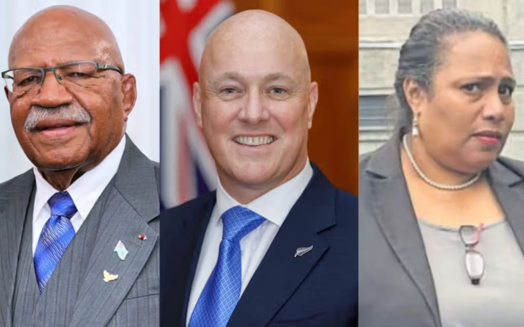 From left: Fiji PM Sitiveni Rabuka, NZ PM Christopher Luxon, and former Fiji anti-corruption chief Barbara Malimali.