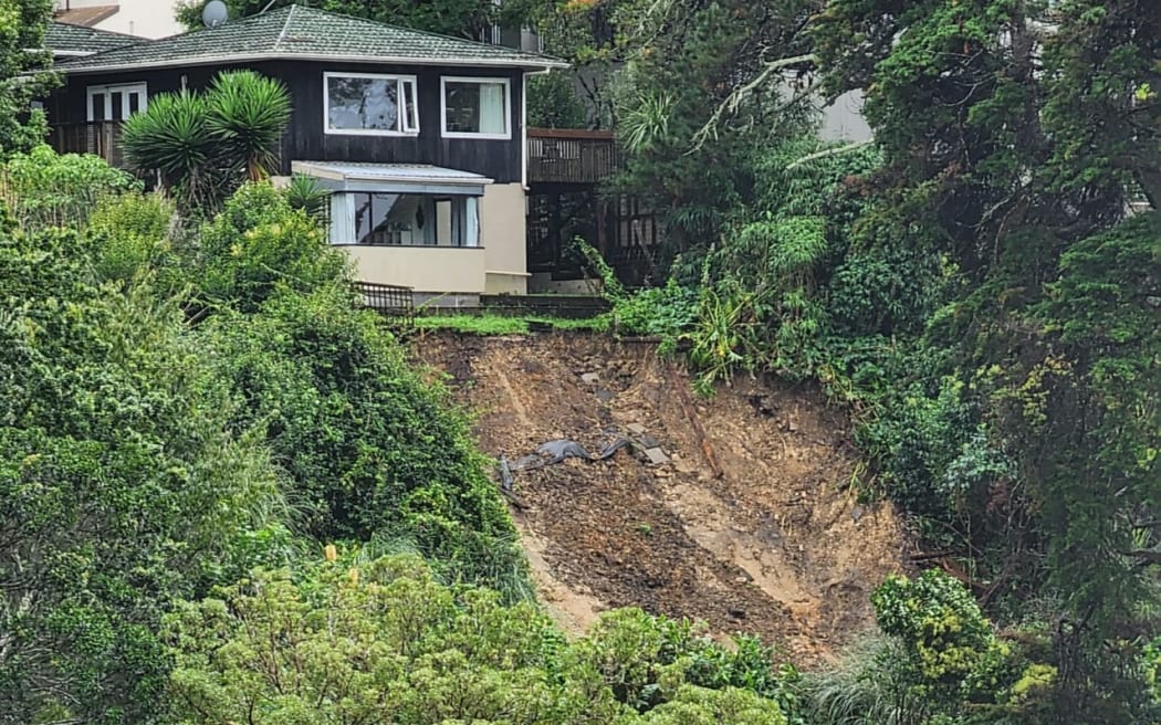 A land slip at Brighton Road, Parnell after heavy rain in Auckland.
