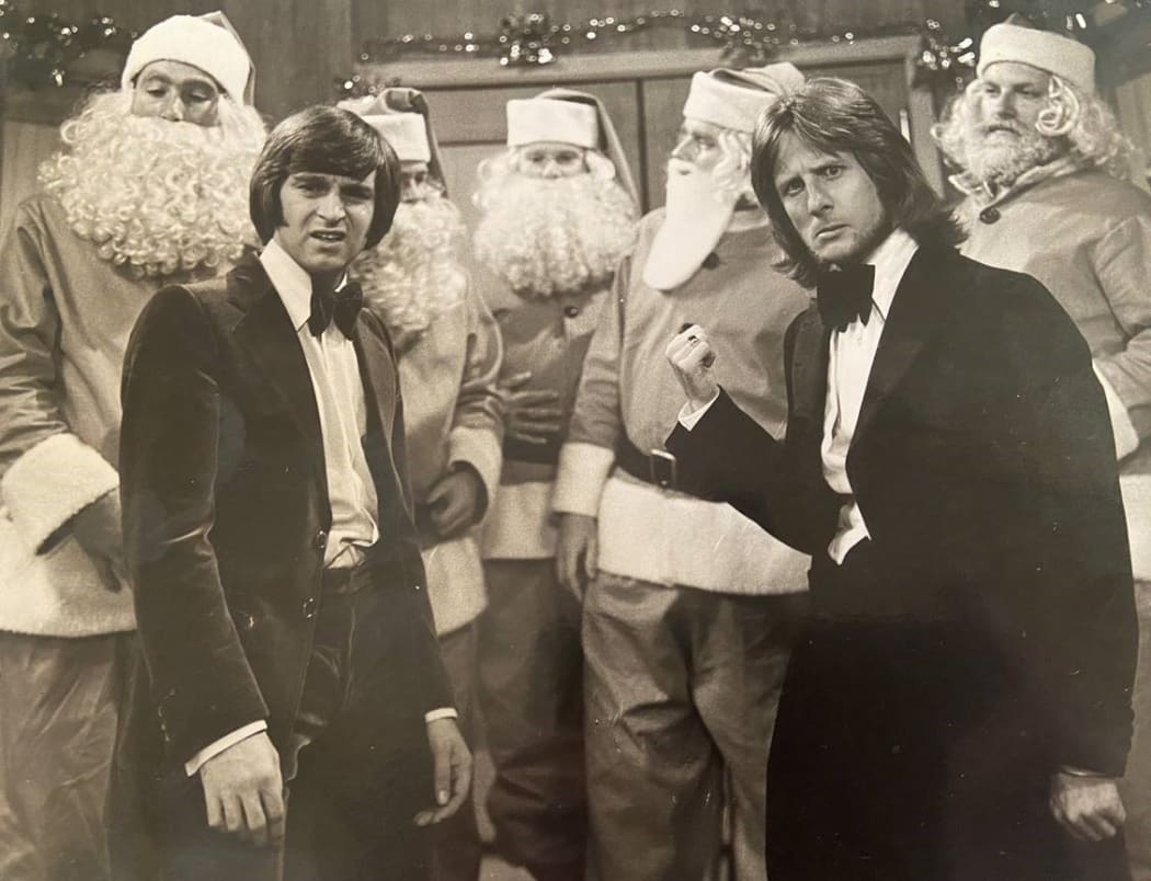 Stu Dennison and Roger Gascoine on the set of a Christmas Special.