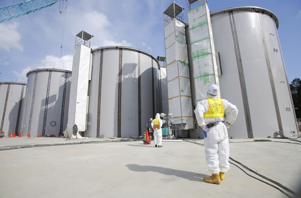 Storage tanks for radioactive water under construction at the Fukushima nuclear power plant.