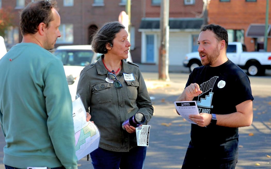 Jonah Abrams outside the South Philadelphia older adult centre on election day.