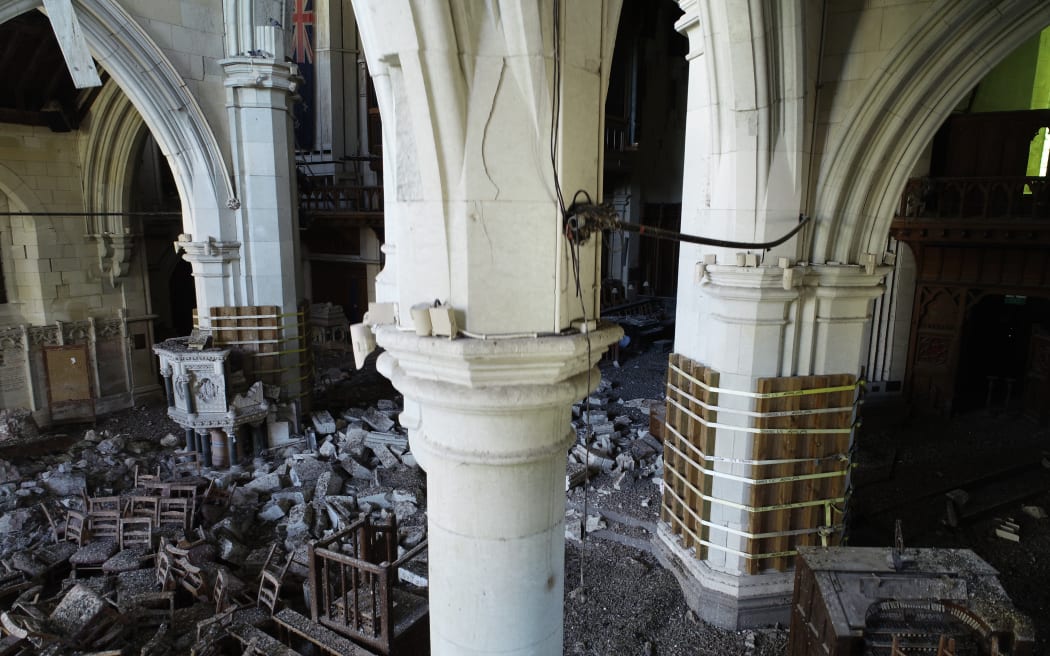 View of the Christchurch Cathedral interior through the lens of a drone.