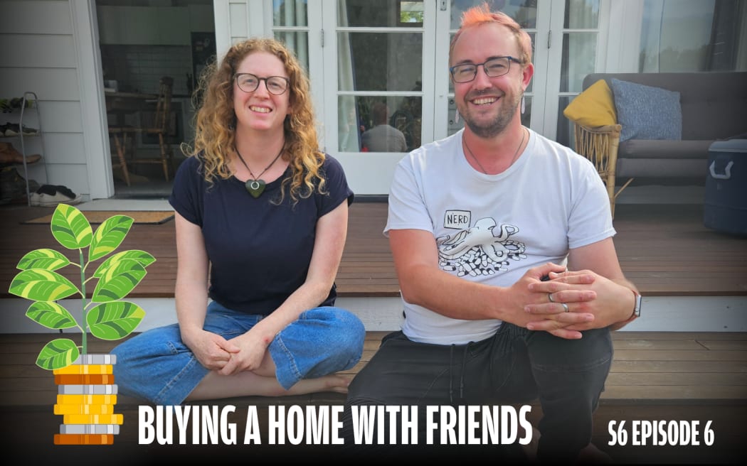 A man and woman are sitting on the deck and smiling at the camera. Title says: Buying a Home With Friends - Season 6 Episode 6