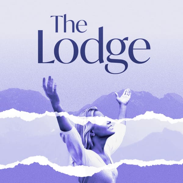 Image of a smiling woman with her hands raised in the air in a "praising" style. The words "The Lodge" appear above her hands. Her eyes are covered with a teared page rip across her face and across the image below. There are mountains in the distance behind her. The image is in a purple wash.