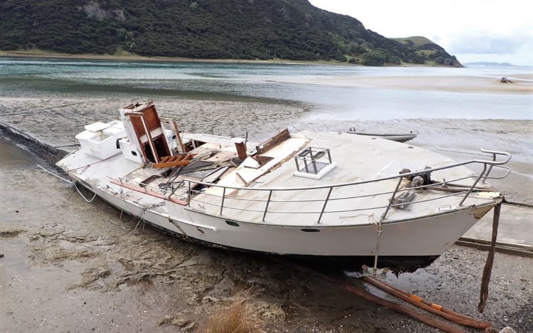 The wreck of the Enchanter on the beach at Houhora Heads, Northland, following the second salvage attempt.