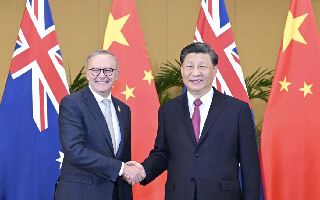 Australian Prime Minister Anthony Albanese, left, meets with Chinese President Xi Jinping in Bali, Indonesia, November 15, 2022. (Photo by Yan Yan / XINHUA / Xinhua via AFP)