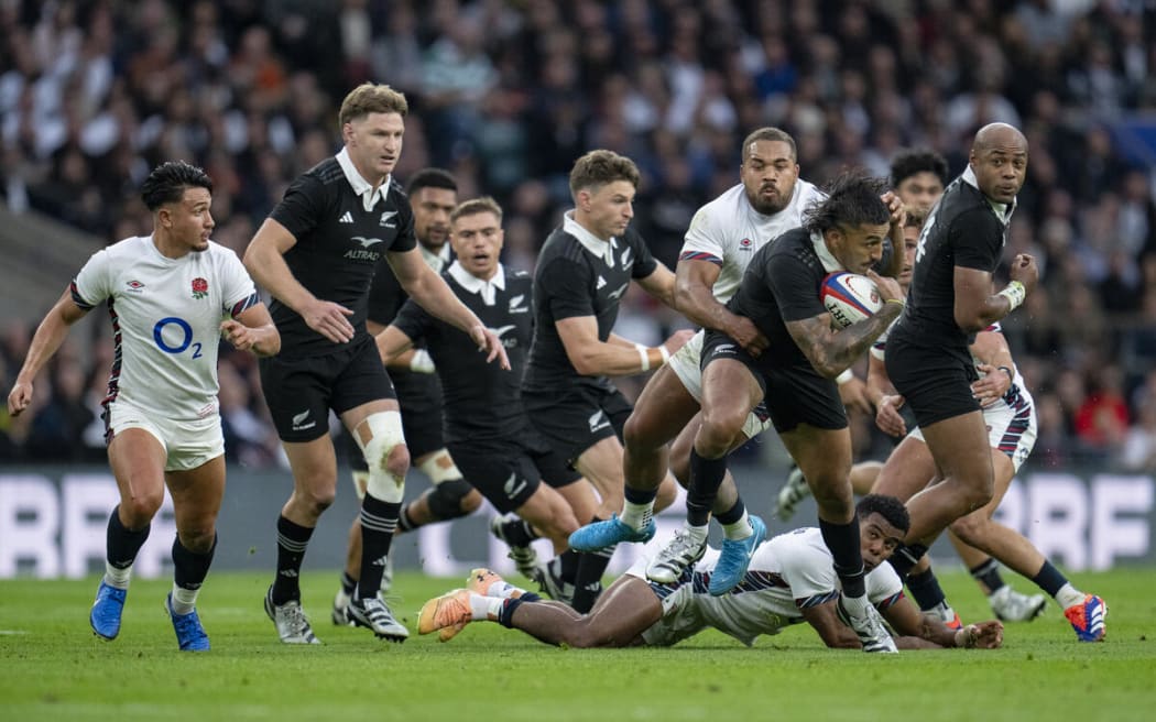 All Black Rieko Ioane is tackled by Ellis Genge of England during All Blacks v England test.
