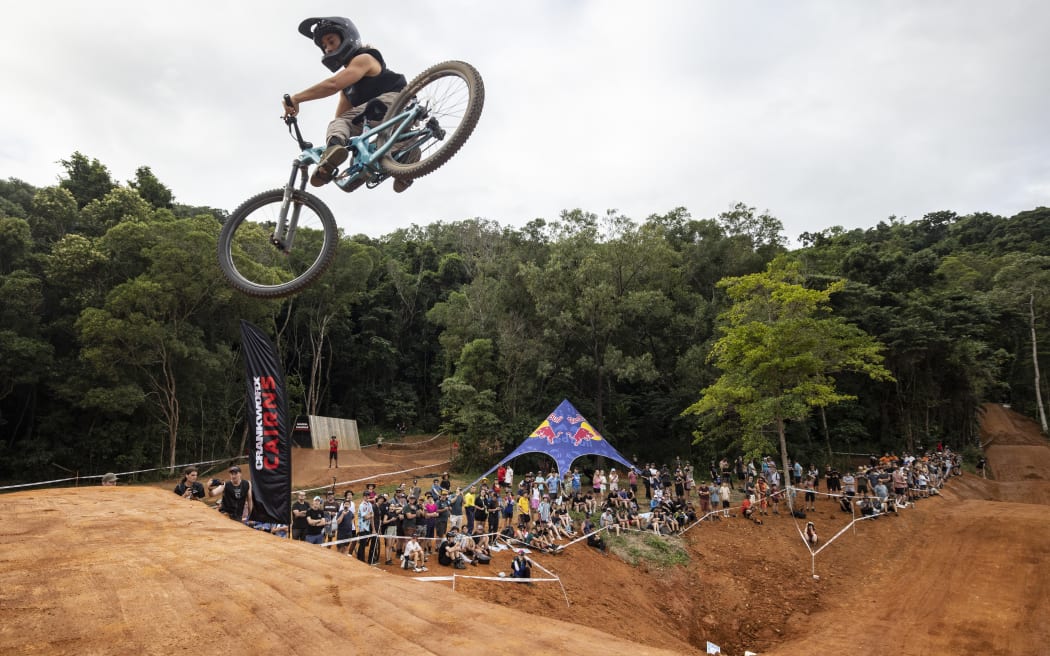 Robin Goomes performs during the Whip Off Championships at Crankworx World Tour 2023 Stop 2 in Cairns.