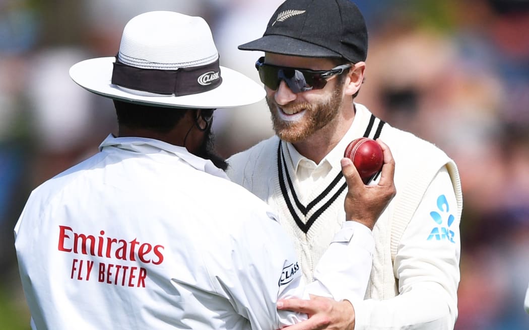 Kane Williamson jokes around with umpire Aleem Dar. Black Caps v India. Basin Reserve, Wellington, February 2020.