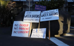 Placards outside the Hawke's Bay Regional council chambers on 30 August 2022.