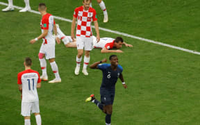 Players of France celebrate after a goal during the 2018 FIFA World Cup Russia final match.
