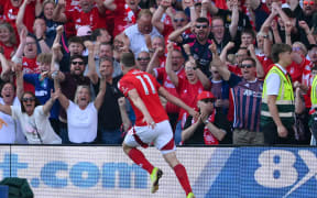 Chris Wood of Nottingham Forest celebrates after scoring.
