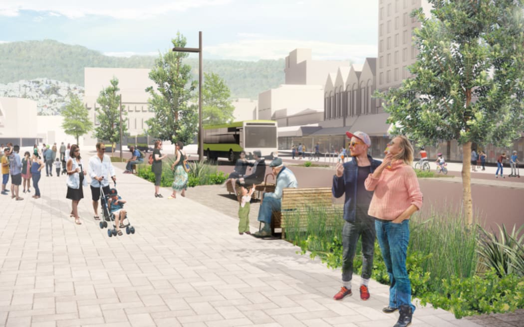 A rendering of the Golden Mile upgrades sin Wellington. There are wide footpaths, raingardens, buses going past, and people on the street enjoying their day.