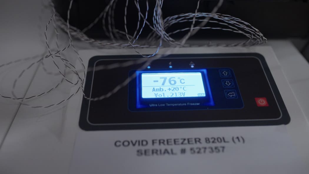 Temperature display on a freezer which will be used to store Pfizer-BioNTech Covid-19 vaccine vials.