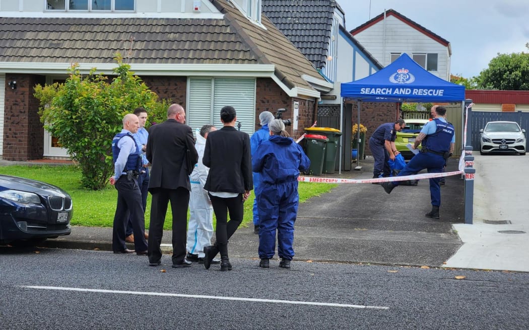 Police at the scene of the death of a man at a Celtic Crescent home in Ellerslie, Auckland, 7 November 2023.