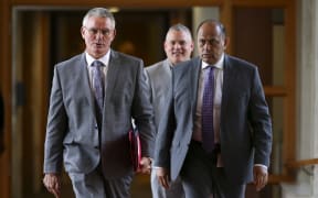Tourism Minister Kelvin Davis and Employment Minister Willie Jackson walk to the house during Budget 2020 delivery day at Parliament May 14, 2020 in Wellington, New Zealand.