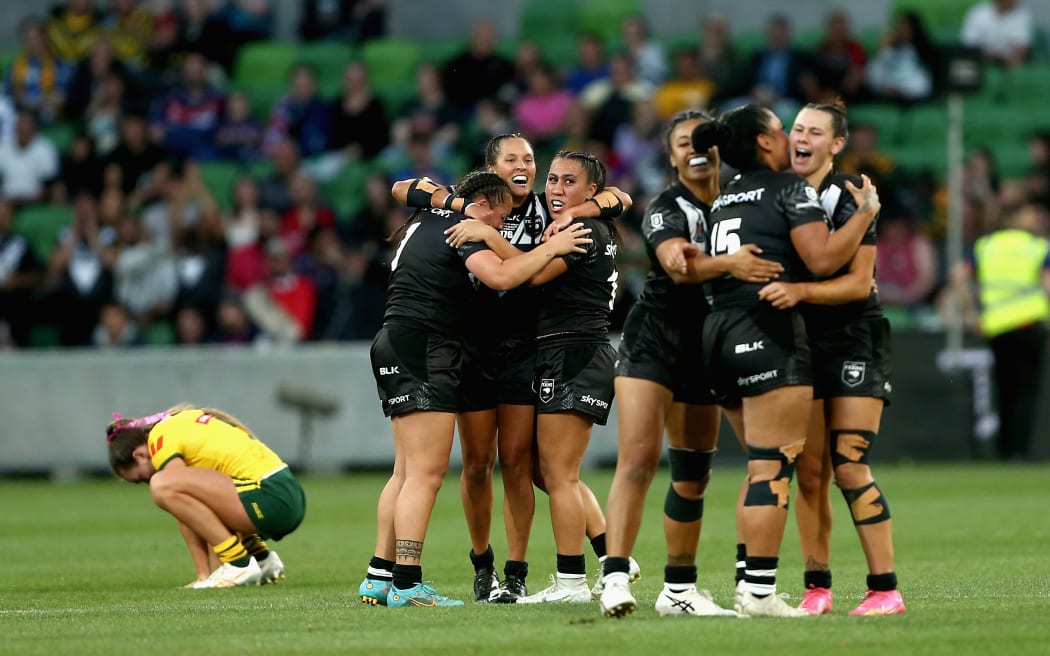 Kiwi Ferns celebrate a win over Australia in the Women’s Pacific Championships rugby league test.