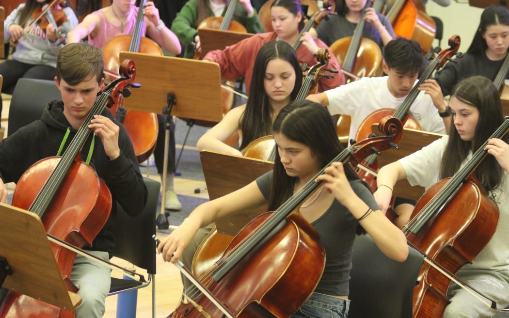 The cello section, New Zealand Secondary Students' Symphony Orchestra 2024