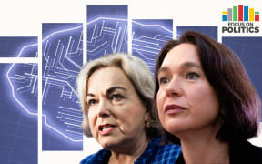 Ginny Andersen and Judith Collins in front of artificial intelligence diagram