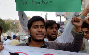 Pakistani demonstrators protest against Valentine's Day in Karachi on 13 February 2016. Officials have blasted the dat as "vulgar and indecent".