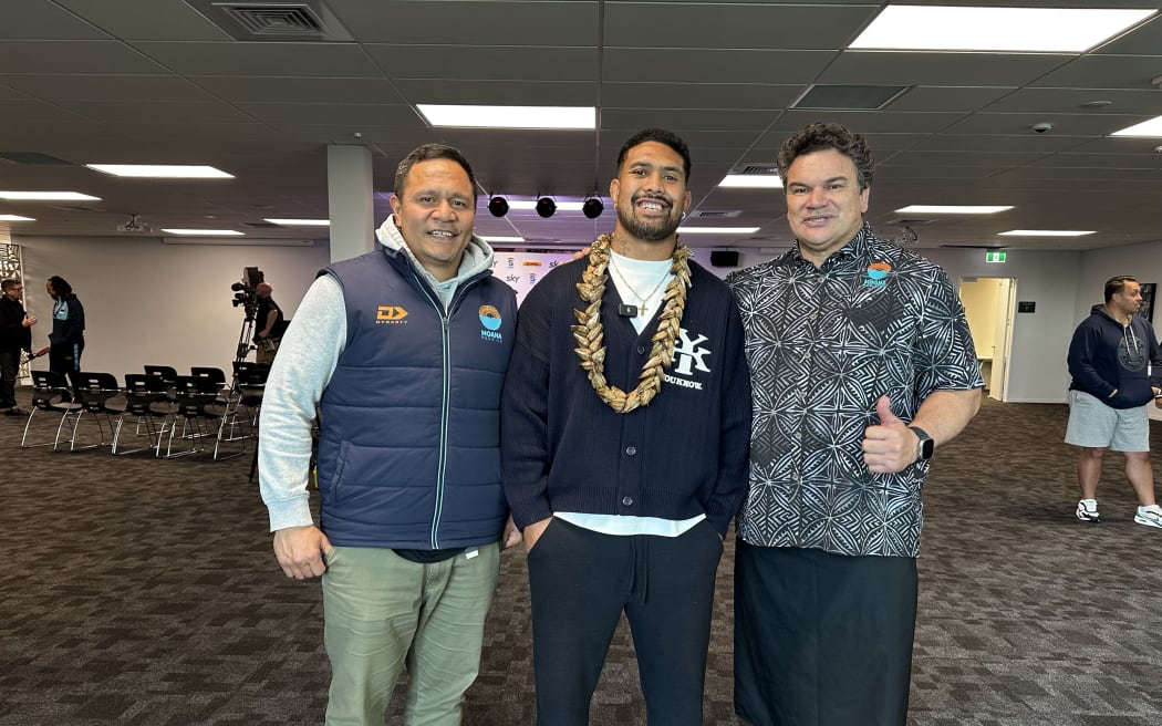 Ardie Savea, middle, with Moana Pasifika chairman and former All Black Sir Michael Jones on Monday.