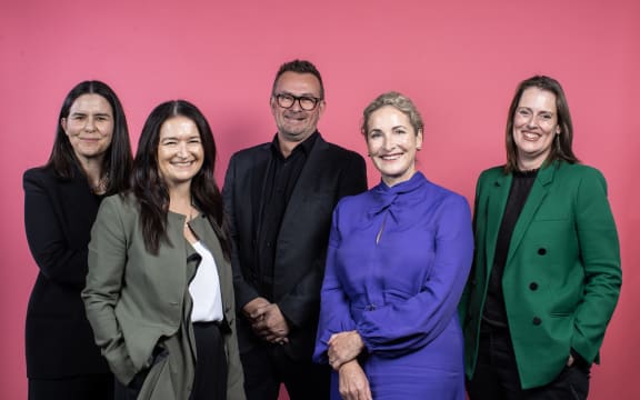 Stuff leaders appointed in June 2023 Nadia Tolich, Laura Maxwell, Matt Headland, Sinead Boucher, Joanna Norris (left to right)