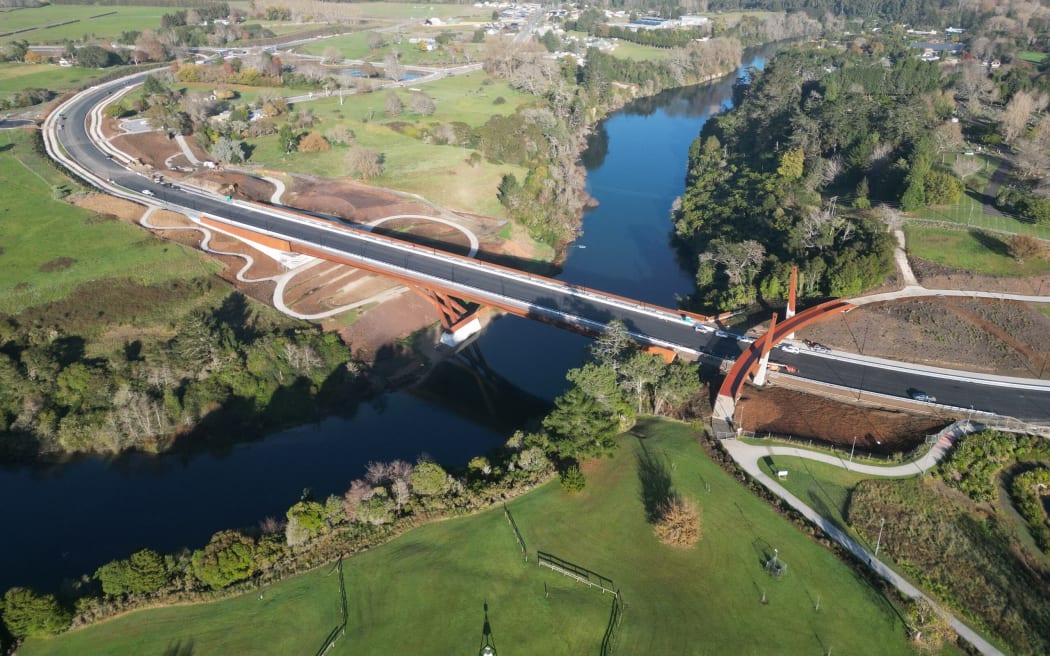 Drone footage gives a Birdseye view of the new bridge linking Peacocke subdivision with the southern edge of Hamilton.