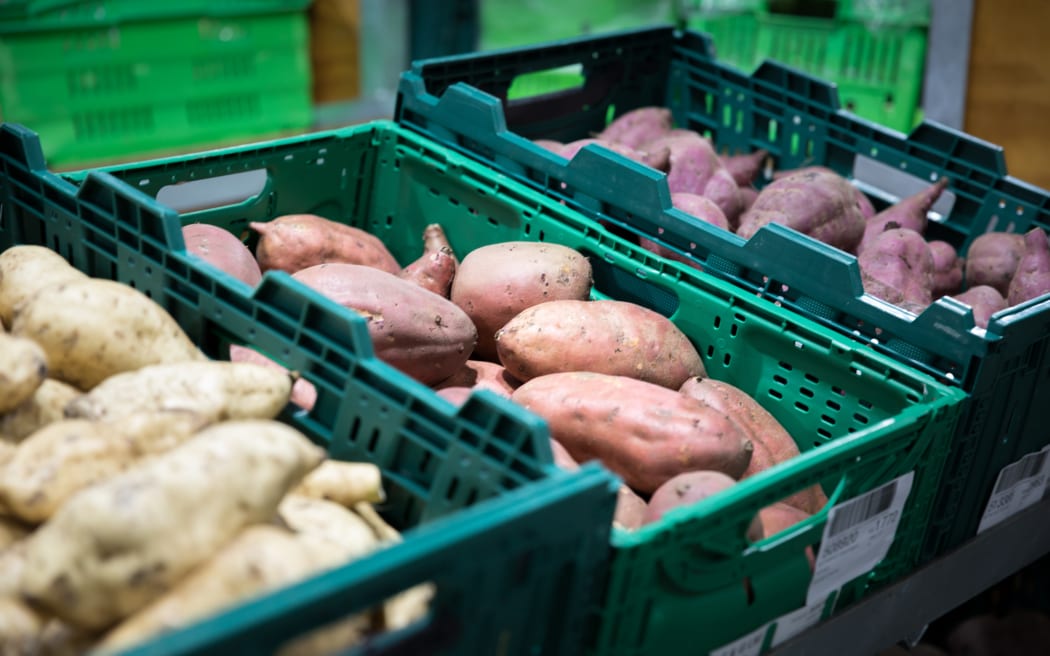 Different varieties of kumara sit amongst the fresh produce at T&G (Turners & Growers) in Mt Wellington, Auckland