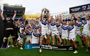 HSOB players celebrate winning the National Under 85kg Club Cup Rugby Final, Eden Park.